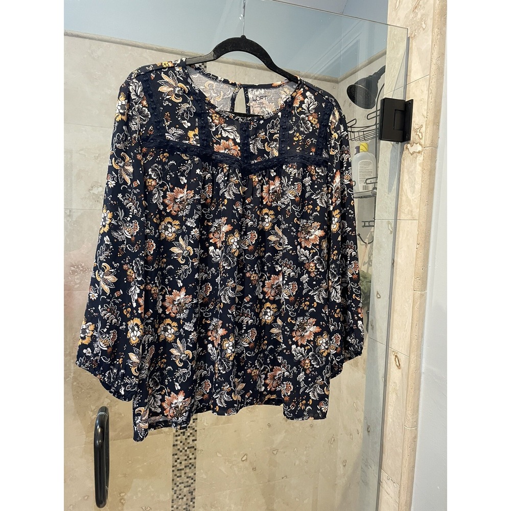 Loft Floral Blush Lace Blue Boho Orange Blouse Top Size XL